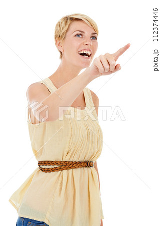 Happy woman, pointing and surprise for choice, selection or pick on a white studio background. Face of young female person, model or blonde smile with finger for choosing or decision on mockup space 112374446