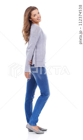 Woman, confidence and positive attitude in studio portrait, smile and pride for casual outfit on white background. Female person, makeup and beauty for wellness, satisfaction and happy for fashion Woman, confidence and positive attitude in studio portrait, smile and pride for casual outfit on white background. Female person, makeup and beauty for wellness, satisfaction and happy for fashion 112374538