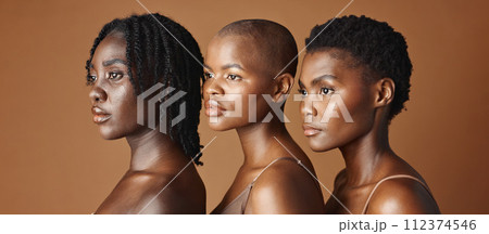 Skincare, beauty and young black women in studio with glowing, natural and facial routine. Wellness, cosmetic and portrait of African female friends with dermatology treatment by brown background. 112374546