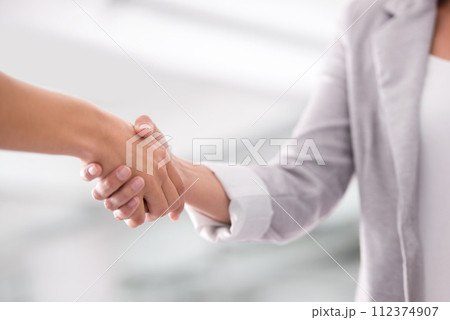 Business people, handshake and recruitment or onboarding in office, support and collaboration. Partnership, introduction and welcome for acquisition of workplace, networking and thank you in closeup 112374907