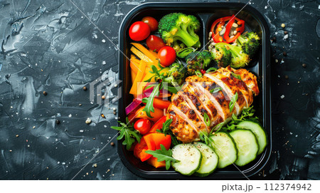AI-generated content. Take away or canteen self service food in tray, including grilled chicken, salad, rice, greens, dark background, copy space for text 112374942