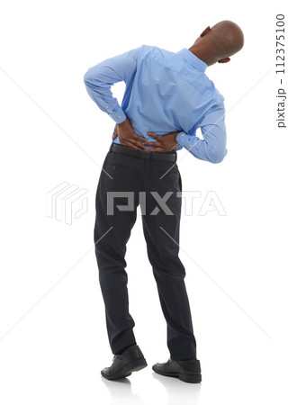 Stress, studio or African businessman with back pain injury, fatigue or burnout on white background. Posture problem, tired employee or injured worker frustrated by muscle tension, spine or crisis Stress, studio or African businessman with back pain injury, fatigue or burnout on white background. Posture problem, tired employee or injured worker frustrated by muscle tension, spine or crisis 112375100