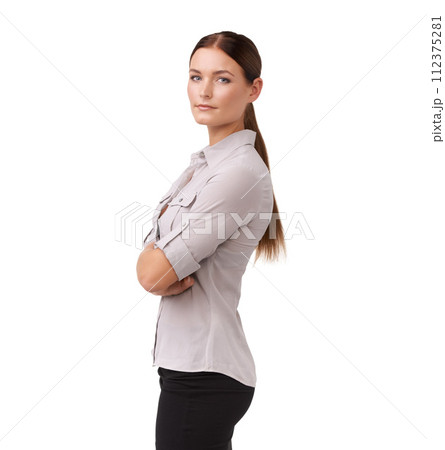 Businesswoman, portrait and confidence in studio for fashion arms crossed, formal outfit or sales career. Female person, face and mockup space on white background for professional, pride or style 112375281