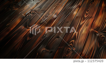 Dark old wooden floor texture closeup shot. Wooden boards of natural painted dark smoked wooden color with knots and grains in vertical 112375420