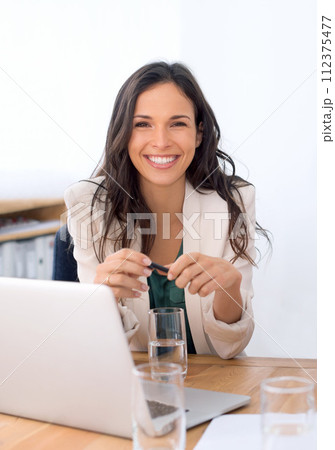 Portrait, laptop and smile from woman in office, professional and working for corporate company. Female person, staff and employee with happiness in business, technology and connection to internet Portrait, laptop and smile from woman in office, professional and working for corporate company. Female person, staff and employee with happiness in business, technology and connection to internet 112375477