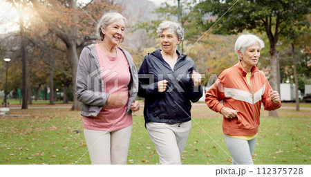 Senior women, walking and friends with fitness, wellness and workout for health in retirement. Park, exercise and elderly female group with motivation and power walk for cardio outdoor together 112375728