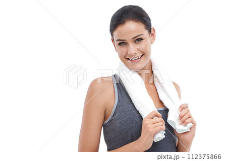 Portrait, smile and woman with a towel, fitness and confident girl isolated on white studio background. Face, person and model with a cloth or happy with exercise and training for wellness or healthy Portrait, smile and woman with a towel, fitness and confident girl isolated on white studio background. Face, person and model with a cloth or happy with exercise and training for wellness or healthy 112375866
