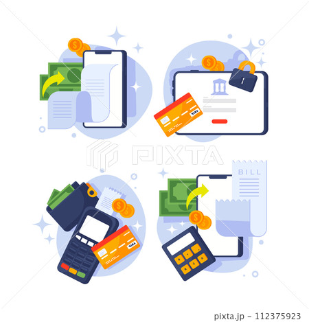 Flat banking services mini composition illustration set Flat banking services mini composition illustration set 112375923