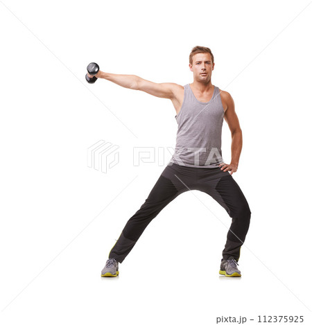 Portrait, bodybuilder or man with dumbbells training, exercise or fitness for wellness in studio. White background, mockup or healthy athlete in lateral raises workout for strong shoulders or muscle 112375925