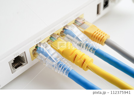 Ethernet cable with wireless router connect to internet service provider network. 112375941