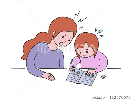 勉強する親子 怒る母親 勉強する親子 怒る母親 112376076