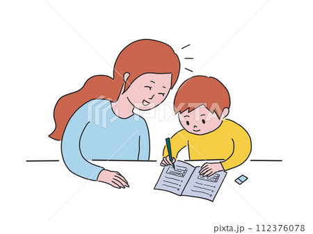 楽しく勉強する親子 112376078