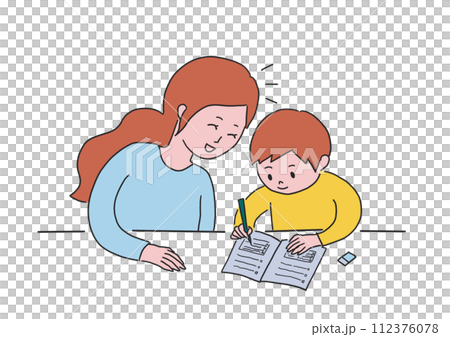 楽しく勉強する親子 112376078