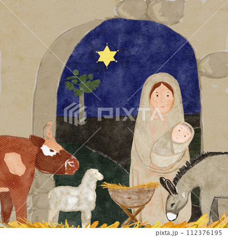 Hand painted watercolor card with manger, Mary, barn, animals 112376195