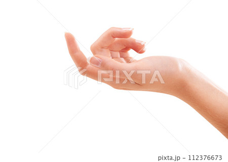 Woman, hand and skincare in beauty, manicure or cosmetic nail treatment against a white studio background. Closeup of female person palm for soft skin, glow or dermatology in wellness on mockup space 112376673