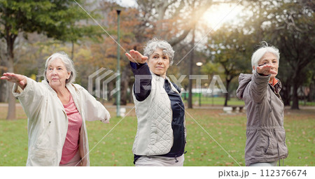 Trainer, park and elderly women stretching, yoga and fitness for wellness, exercise and retirement. Female people, senior club and group outdoor, meditation and workout with progress and self care Trainer, park and elderly women stretching, yoga and fitness for wellness, exercise and retirement. Female people, senior club and group outdoor, meditation and workout with progress and self care 112376674