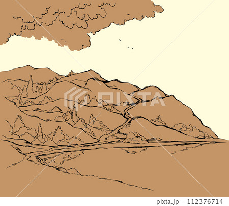 Vector image. Summer landscape with a river flowing among the hills 112376714