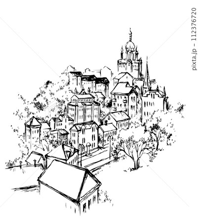 Vector drawing. City landscape with church 112376720
