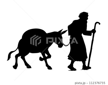 Vector drawing. Donkey loaded with cargo 112376735
