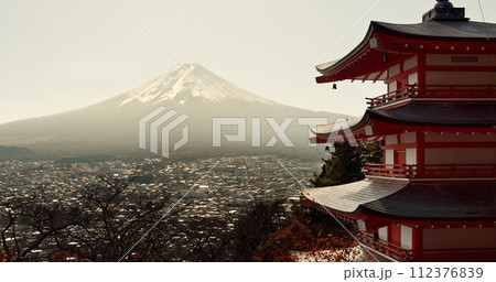 Mountain, landscape and Japanese temple with environment, nature and village in Japan. Traditional, culture and religion, building outdoor and ancient architecture with travel, hill and mockup space 112376839