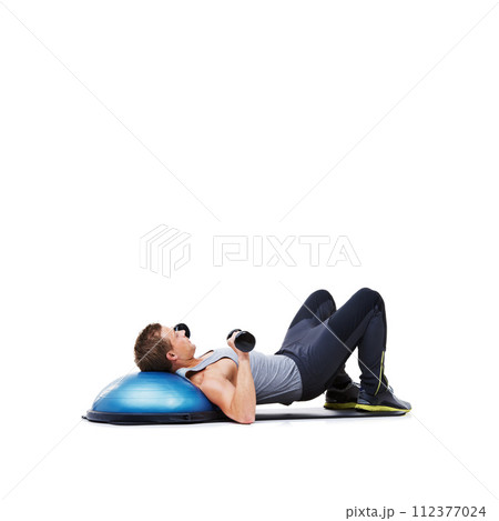 Fitness, bosu ball or man in dumbbell workout performance for wellness in studio on white background. Strong male athlete, bodybuilder or training equipment for mockup space, challenge or weights 112377024