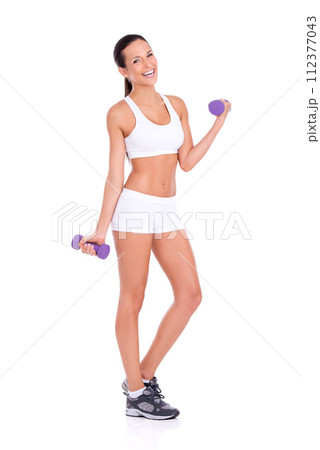 Portrait, woman and dumbbells for fitness, exercise or training in studio isolated on a white background mockup space. Workout, strong and gym with person weight lifting for muscle, body and health 112377043