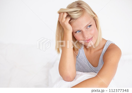 Happy, woman and thinking in morning on bed and wake up with ideas for future in home. Healthy, mindset and girl relax in bedroom on calm holiday, vacation and person rest in apartment mockup Happy, woman and thinking in morning on bed and wake up with ideas for future in home. Healthy, mindset and girl relax in bedroom on calm holiday, vacation and person rest in apartment mockup 112377348