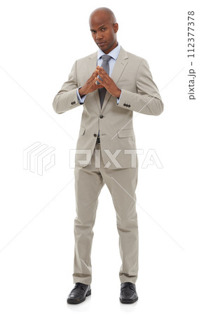 Portrait, business fashion and black man confident in professional suit, studio outfit or fashionable clothes. Serious, dress code and legal attorney with Hakini Mudra gesture on white background 112377378