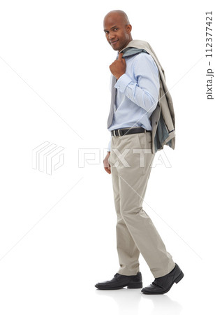 Black businessman, studio and suit jacket on shoulder in portrait, relax and fashion in career. African man, face and happy as accountant for confidence and corporate professional by white background 112377421