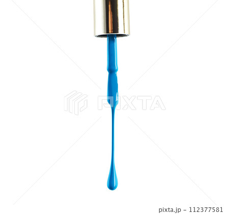 Nail polish, blue and drop drip in studio for manicure or pedicure, art or design and application for hands and feet. Closeup, cosmetic product and brush for color or coating for beauty and fashion. 112377581
