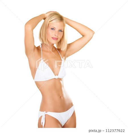 Blonde woman, portrait and bikini in fashion style or swimwear on a white studio background. Female person or model smile in underwear for beauty, beach or summer clothing in skincare on mockup space Blonde woman, portrait and bikini in fashion style or swimwear on a white studio background. Female person or model smile in underwear for beauty, beach or summer clothing in skincare on mockup space 112377622