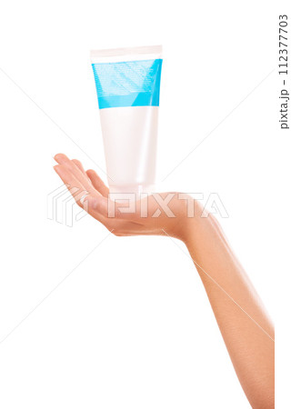 Woman, hands and skincare for beauty product, cosmetics or sunscreen against a white studio background. Closeup of female person with container of cream, SPF or anti aging in soft skin or moisturizer Woman, hands and skincare for beauty product, cosmetics or sunscreen against a white studio background. Closeup of female person with container of cream, SPF or anti aging in soft skin or moisturizer 112377703