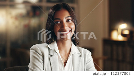 Smile, night and face of business woman, office consultant or agent happy for overtime work, commitment or career. Pride, portrait and Indian person confident, professional and working late in agency Smile, night and face of business woman, office consultant or agent happy for overtime work, commitment or career. Pride, portrait and Indian person confident, professional and working late in agency 112377802