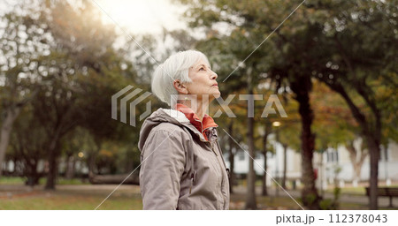 Freedom, nature and elderly woman breathing on vacation, holiday journey and winter travel. Park, fresh air and senior person outdoor for peace, calm and celebration for health, wellness and relax. Freedom, nature and elderly woman breathing on vacation, holiday journey and winter travel. Park, fresh air and senior person outdoor for peace, calm and celebration for health, wellness and relax. 112378043