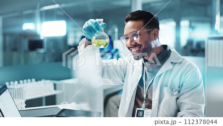 Scientist, man and chemical with laptop in laboratory for chemistry experiment, test sample and research. Science, person and liquid inspection for clinical analysis, expert investigation and happy 112378044