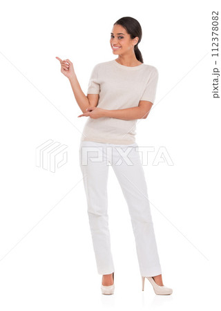 Portrait, happy woman and hand pointing to mockup in studio for announcement, presentation or info on white background. Face, smile and female model show space for steps, menu or giveaway guide promo Portrait, happy woman and hand pointing to mockup in studio for announcement, presentation or info on white background. Face, smile and female model show space for steps, menu or giveaway guide promo 112378082