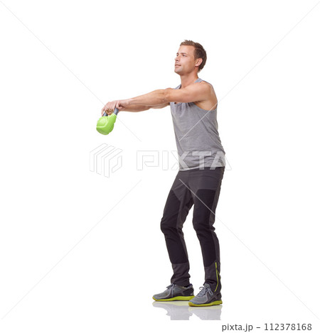 Training, workout and studio man with kettlebell for muscle growth, strength development or weightlifting performance. Gym equipment, weight lifting technique and sports athlete on white background Training, workout and studio man with kettlebell for muscle growth, strength development or weightlifting performance. Gym equipment, weight lifting technique and sports athlete on white background 112378168