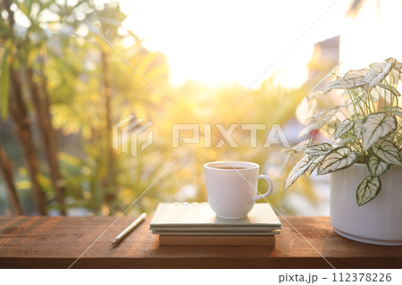Coffee cup and notebook and Angel wings plant on wooden table under sunlight Coffee cup and notebook and Angel wings plant on wooden table under sunlight 112378226