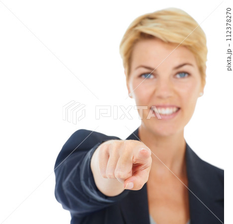 Portrait, happy woman or manager pointing to you for recruitment on white background in studio. Business, smile or worker with gesture, choice or promotion showing an opportunity, pick or selection 112378270