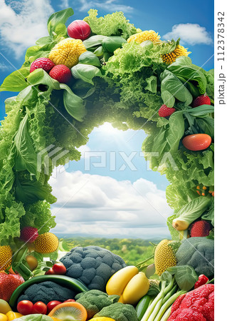 Various vegetables and fruits. Healthy food and nutrition concept. 112378342