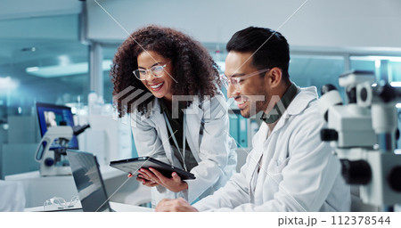 Science, teamwork and scientist with tablet in laboratory for communication, pharmaceutical review or planning. Employees, collaboration and technology for research, discussion and digital analysis 112378544