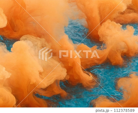 Orange smoke on blue water. Orange smoke on blue water. 112378589