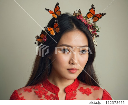 Image of an Asian beauty with butterflies in her hair. 112378633