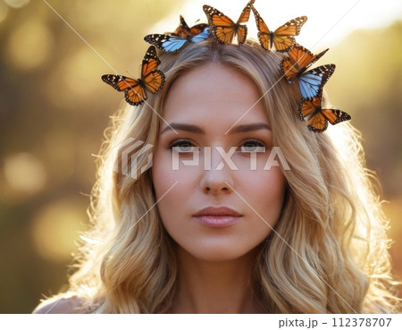 Blonde girl and colored butterflies in a wreath. 112378707