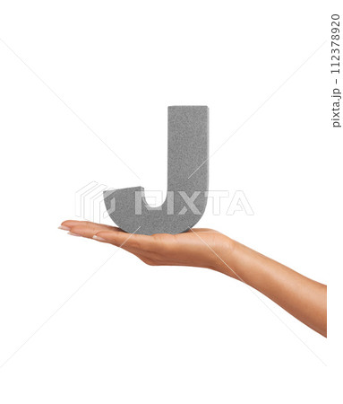 Hand of woman, font letter J and presentation of consonant isolated on white background. Character, uppercase and palm with English alphabet typeface for communication, reading and writing in studio. Hand of woman, font letter J and presentation of consonant isolated on white background. Character, uppercase and palm with English alphabet typeface for communication, reading and writing in studio. 112378920