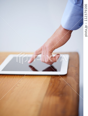 Tablet, finger and pointing for interactive screen, mockup and technology for networking or touch. Businessman, internet and responsive design for application, web and research in office or display Tablet, finger and pointing for interactive screen, mockup and technology for networking or touch. Businessman, internet and responsive design for application, web and research in office or display 112379166