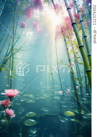 Bamboo Garden with Water Lilies Bamboo Garden with Water Lilies 112379302