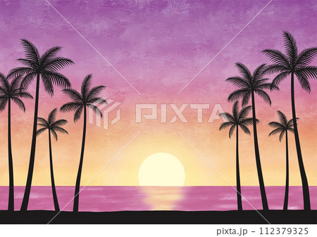 ハワイの夕日の景色とヤシの木水彩ピンクのイラスト素材 [112379325
