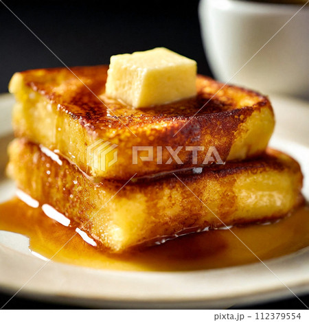 メープルシロップとバターを乗せたフレンチトースト 112379554