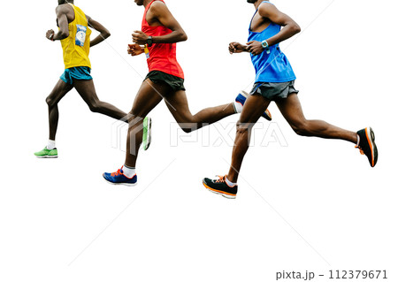 leading group african runners dressed in bright sports clothes race, isolated on white background 112379671